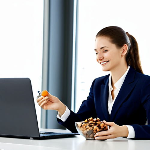 Home 4 A professional woman, fully clothed in a modest business suit, is seated at a sleek modern office desk during a brief break. She holds a small, elegant bowl containing a mix of vibrant dried fruits and nuts, taking a bite with a look of calm satisfaction, representing a healthy and convenient snack. The office environment is bright and clean, with soft natural light filtering in. The image emphasizes nutritional density and practicality in a busy workday. safe for work, appropriate content, fully clothed, professional dress, perfect anatomy, correct proportions, natural pose, well-formed hands, proper finger count, natural body proportions, professional photography, high quality, family-friendly, appropriate attire.
