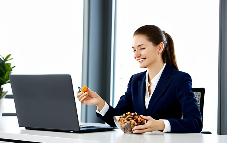 A professional woman, fully clothed in a modest business suit, is seated at a sleek modern office desk during a brief break. She holds a small, elegant bowl containing a mix of vibrant dried fruits and nuts, taking a bite with a look of calm satisfaction, representing a healthy and convenient snack. The office environment is bright and clean, with soft natural light filtering in. The image emphasizes nutritional density and practicality in a busy workday. safe for work, appropriate content, fully clothed, professional dress, perfect anatomy, correct proportions, natural pose, well-formed hands, proper finger count, natural body proportions, professional photography, high quality, family-friendly, appropriate attire.