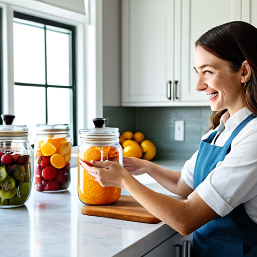 A content woman, fully clothed in professional, modest attire, gently holding a clear glass jar filled with vibrant, beautifully dehydrated fruit, her expression reflecting satisfaction and wonder. She is in a bright, clean, and modern kitchen, with a cutting board visible on a polished countertop, featuring a few slices of fresh fruit and some neatly arranged dehydrated pieces. Soft, natural light streams in from a window. Professional photography, high quality, perfect anatomy, correct proportions, natural pose, well-formed hands, proper finger count, natural body proportions, safe for work, appropriate content, fully clothed, family-friendly.
