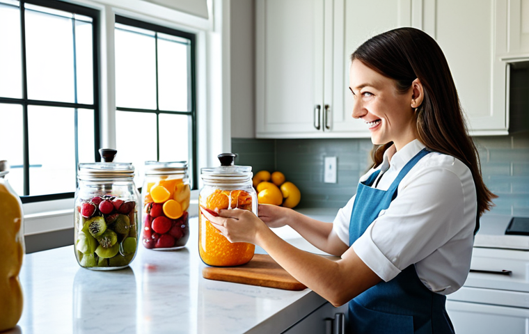 A content woman, fully clothed in professional, modest attire, gently holding a clear glass jar filled with vibrant, beautifully dehydrated fruit, her expression reflecting satisfaction and wonder. She is in a bright, clean, and modern kitchen, with a cutting board visible on a polished countertop, featuring a few slices of fresh fruit and some neatly arranged dehydrated pieces. Soft, natural light streams in from a window. Professional photography, high quality, perfect anatomy, correct proportions, natural pose, well-formed hands, proper finger count, natural body proportions, safe for work, appropriate content, fully clothed, family-friendly.