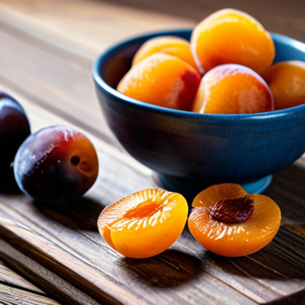 Revitalized Dried Fruit Snack**
"A vibrant close-up shot of rehydrated dried apricots and plums arranged in a small bowl, glistening with moisture. Background subtly blurred, showing a rustic wooden table. Focus on the plump texture and rich colors of the fruit. Safe for work, appropriate content, fully clothed, modest presentation, professional food photography, perfect anatomy (of the fruit!), natural proportions, high quality."
**