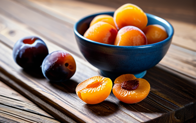 Revitalized Dried Fruit Snack**
"A vibrant close-up shot of rehydrated dried apricots and plums arranged in a small bowl, glistening with moisture. Background subtly blurred, showing a rustic wooden table. Focus on the plump texture and rich colors of the fruit. Safe for work, appropriate content, fully clothed, modest presentation, professional food photography, perfect anatomy (of the fruit!), natural proportions, high quality."
**