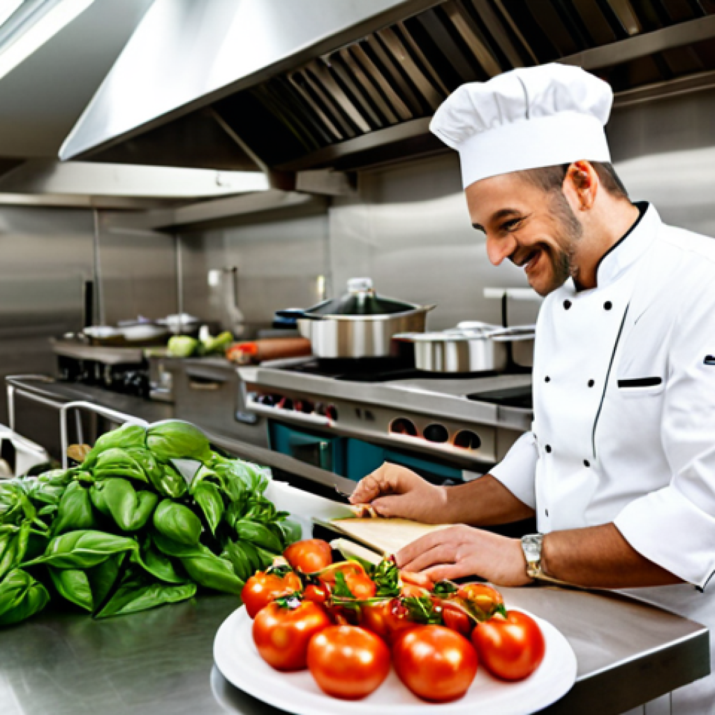 **
"A professional chef in a clean, well-lit kitchen, wearing a crisp white uniform and a tall chef's hat, fully clothed, appropriate attire, safe for work. He's smiling as he examines fresh ingredients – vibrant tomatoes, basil, and garlic – on a stainless steel countertop. Background includes gleaming pots and pans hanging neatly. Perfect anatomy, correct proportions, natural pose, professional photography, high quality, modest."
**