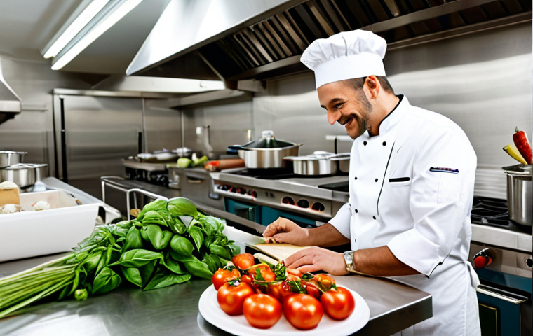 **
"A professional chef in a clean, well-lit kitchen, wearing a crisp white uniform and a tall chef's hat, fully clothed, appropriate attire, safe for work. He's smiling as he examines fresh ingredients – vibrant tomatoes, basil, and garlic – on a stainless steel countertop. Background includes gleaming pots and pans hanging neatly. Perfect anatomy, correct proportions, natural pose, professional photography, high quality, modest."
**