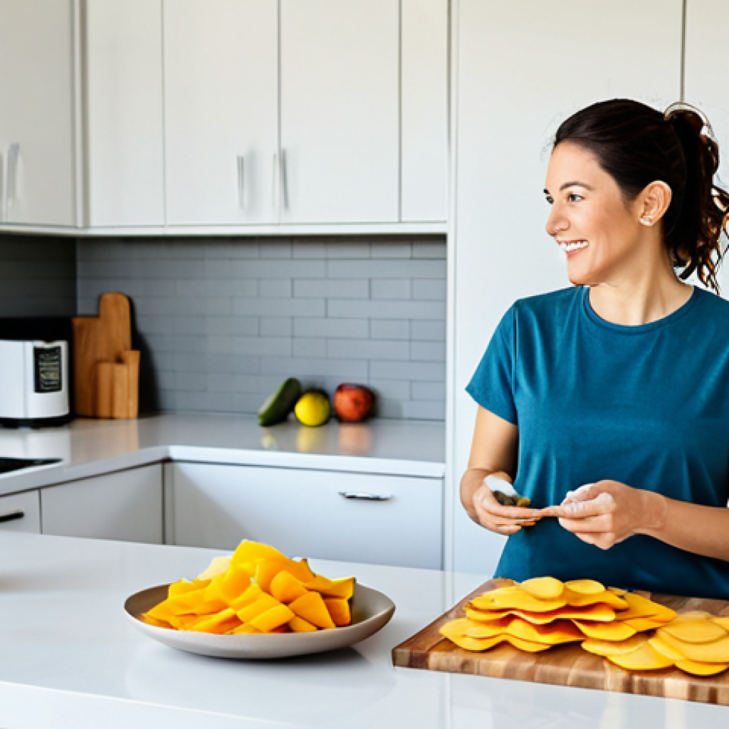 Modern Kitchen Scene**
"A bright and modern kitchen featuring a woman in her 30s, fully clothed in a modest, casual outfit (jeans and a t-shirt), preparing healthy snacks from dehydrated fruits and vegetables. Dehydrated apple chips, mango slices, and veggie crisps are displayed in glass containers on a countertop. Natural light, clean design, perfect anatomy, correct proportions, natural pose, professional photography, high quality, safe for work, appropriate content, fully clothed, family-friendly."
**