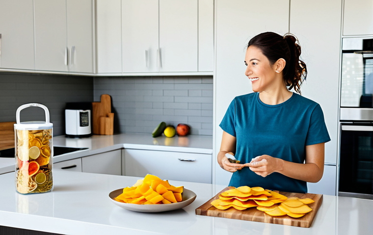 Modern Kitchen Scene**
"A bright and modern kitchen featuring a woman in her 30s, fully clothed in a modest, casual outfit (jeans and a t-shirt), preparing healthy snacks from dehydrated fruits and vegetables. Dehydrated apple chips, mango slices, and veggie crisps are displayed in glass containers on a countertop. Natural light, clean design, perfect anatomy, correct proportions, natural pose, professional photography, high quality, safe for work, appropriate content, fully clothed, family-friendly."
**