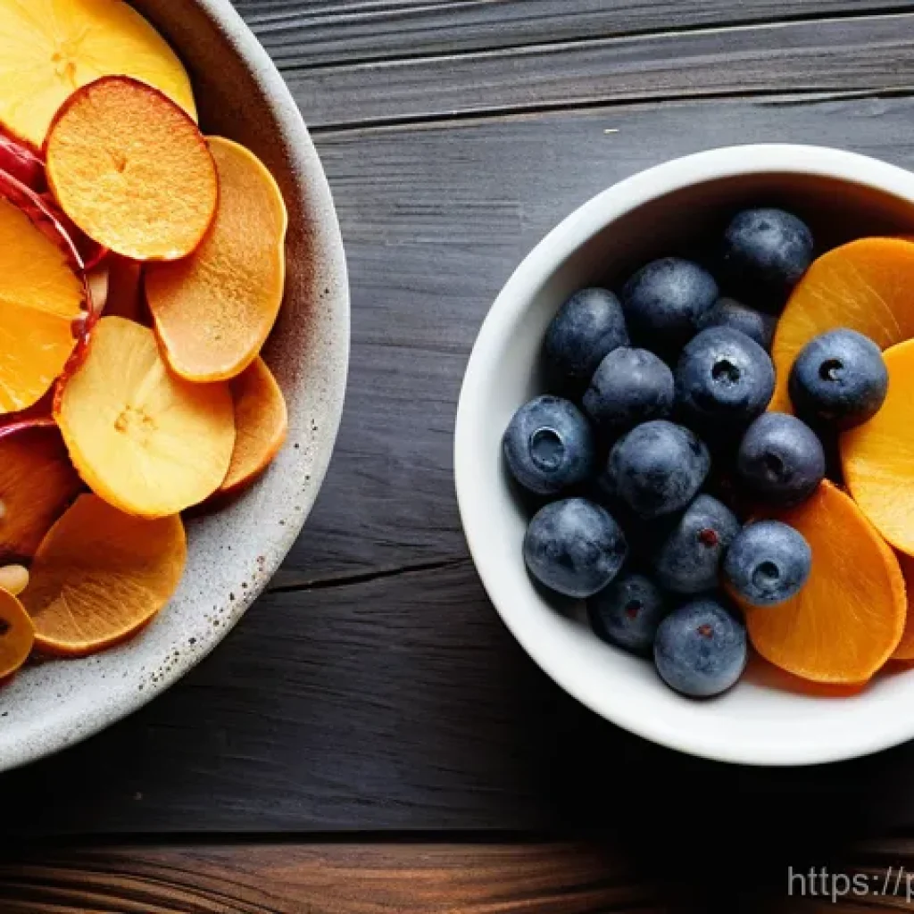건조 식품의 다양한 활용법과 아이디어 - **Prompt:** A close-up, vibrant and inviting shot of an assortment of dehydrated fruits and vegetabl...
