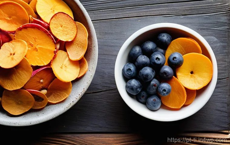 건조 식품의 다양한 활용법과 아이디어 - **Prompt:** A close-up, vibrant and inviting shot of an assortment of dehydrated fruits and vegetabl...