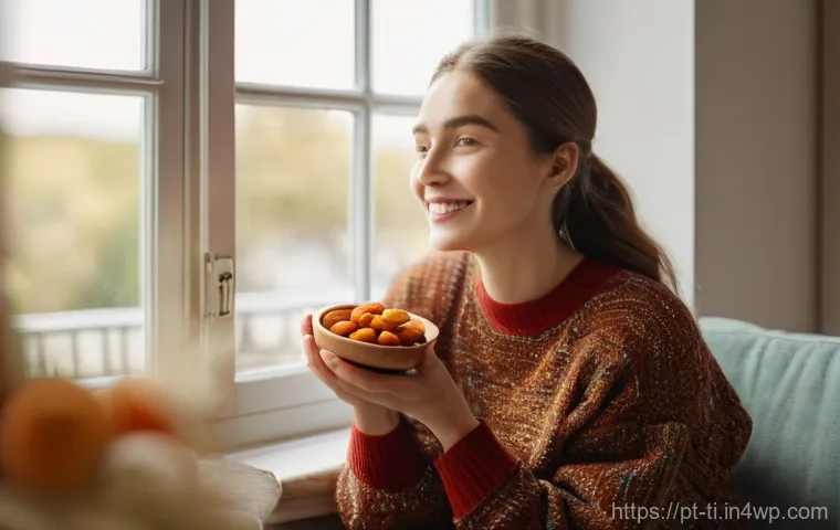 건조 식품의 소비자 선호도 및 변화 - **Prompt:** A cheerful young woman, dressed in a comfortable, modest sweater, is seated by a sunlit ...