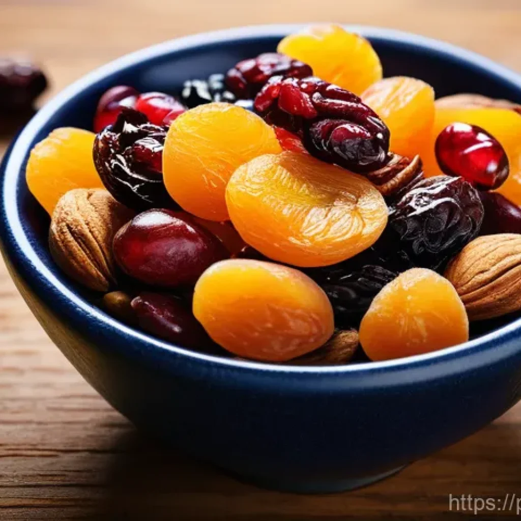 건조 식품의 소비자 선호도 조사 결과 - **Prompt:** A close-up, high-resolution photograph of a vibrant and appetizing mixed dried fruit and...