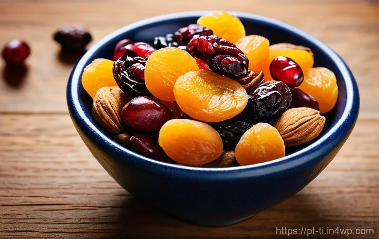 건조 식품의 소비자 선호도 조사 결과 - **Prompt:** A close-up, high-resolution photograph of a vibrant and appetizing mixed dried fruit and...