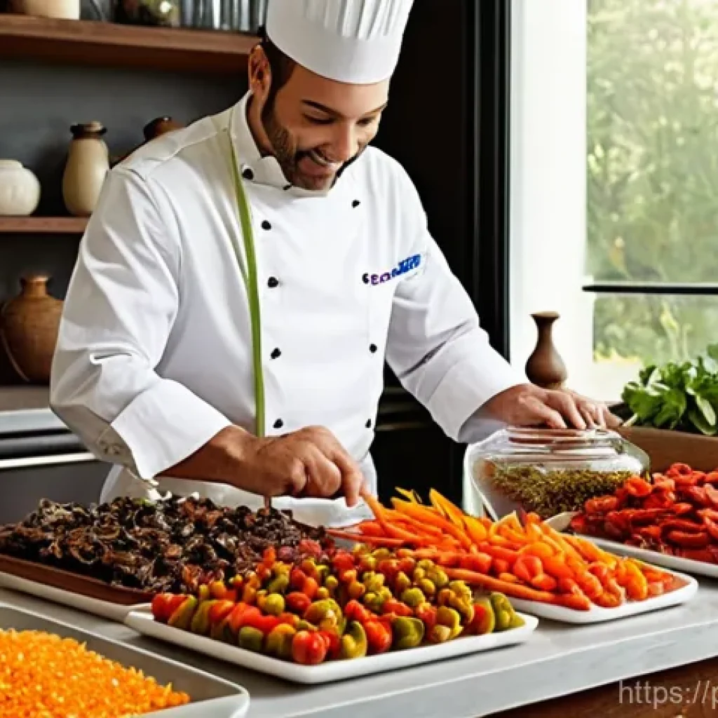 건조 식품을 활용한 다양한 레시피 - **Prompt:** A vibrant, well-lit modern Portuguese kitchen. A skilled chef, wearing a clean, light-co...