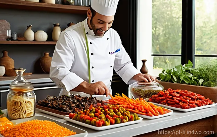 건조 식품을 활용한 다양한 레시피 - **Prompt:** A vibrant, well-lit modern Portuguese kitchen. A skilled chef, wearing a clean, light-co...