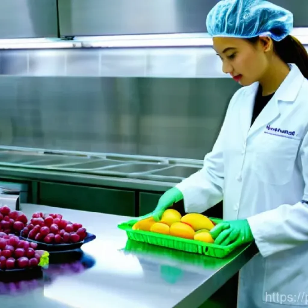 건조 식품 제조에 필요한 식품 안전 규정 - **Prompt:** A brightly lit, modern food processing kitchen. A female food technician, wearing a clea...