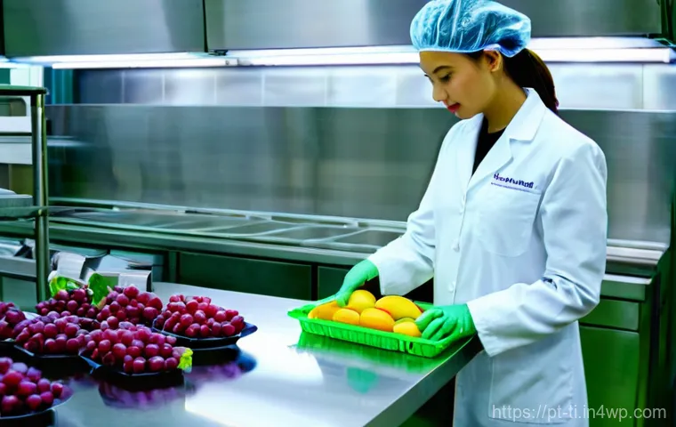 건조 식품 제조에 필요한 식품 안전 규정 - **Prompt:** A brightly lit, modern food processing kitchen. A female food technician, wearing a clea...