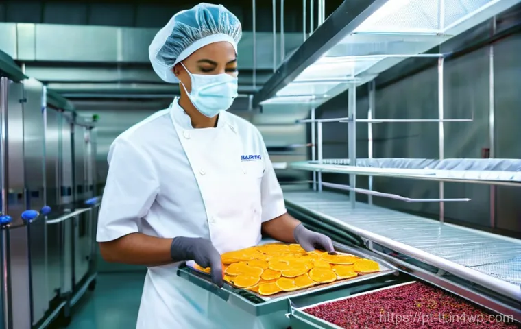 건조 식품 제조에 필요한 식품 안전 규정 - **Prompt:** A brightly lit, modern food processing kitchen. A female food technician, wearing a clea...