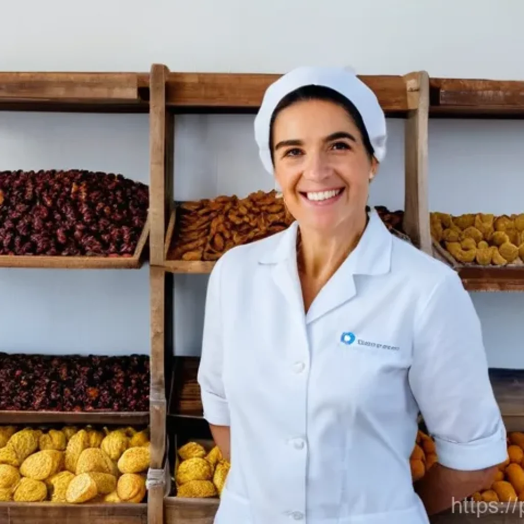 건조 식품 제조의 법적 규제 및 인증 기준 - **Prompt:** A Portuguese artisan, a woman in her late 40s with a warm smile, wearing a clean, light-...