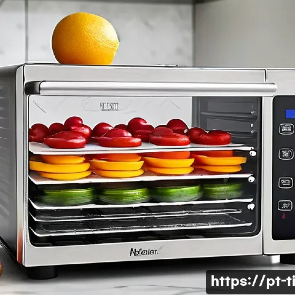 건조 식품 제조의 필수 도구와 장비 리스트 - A modern electric food dehydrator with multiple transparent trays filled with evenly sliced fruits a...