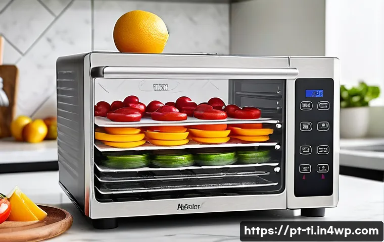 건조 식품 제조의 필수 도구와 장비 리스트 - A modern electric food dehydrator with multiple transparent trays filled with evenly sliced fruits a...