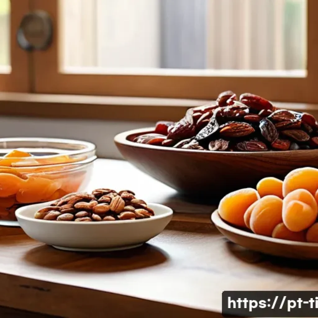 건조 식품의 새로운 레시피와 활용법 - A vibrant kitchen scene showing a rustic wooden table with an assortment of dehydrated fruits like a...