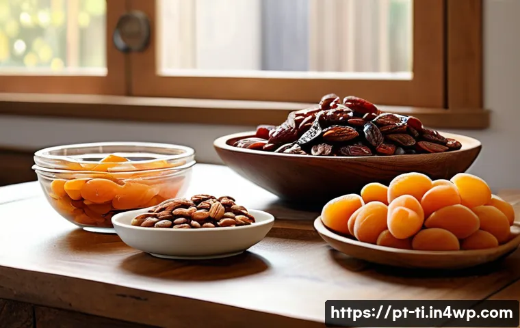 건조 식품의 새로운 레시피와 활용법 - A vibrant kitchen scene showing a rustic wooden table with an assortment of dehydrated fruits like a...