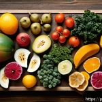 Home 22 건조 식품의 특징과 품질 요소 분석 - A vibrant and detailed close-up of assorted dehydrated fruits and vegetables arranged artistically o...