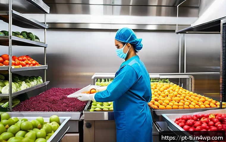 건조 식품 제조와 품질 보증의 중요성 - A professional food processing scene showing a worker in a clean, modern kitchen selecting fresh fru...