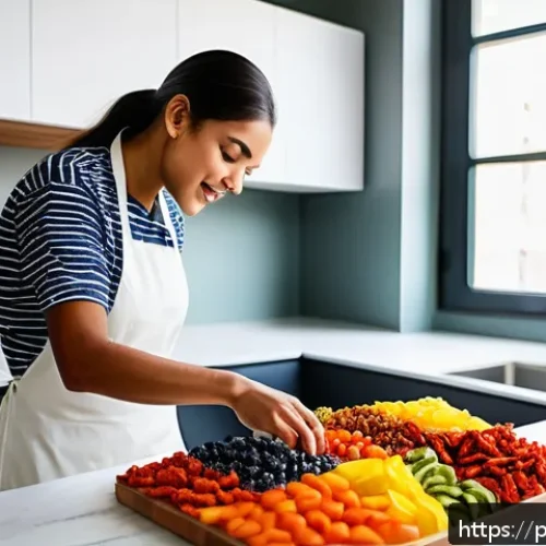 Home 30 건조 식품의 소비 트렌드 변화 및 분석 - A vibrant urban Brazilian kitchen scene featuring a young professional preparing a quick, healthy sn...