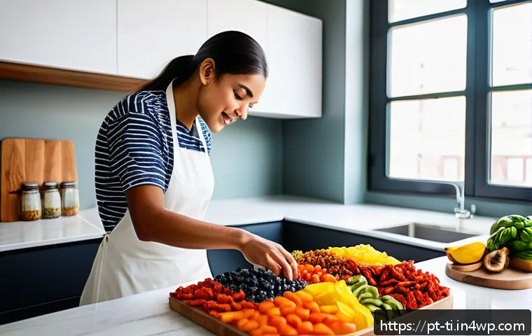 건조 식품의 소비 트렌드 변화 및 분석 - A vibrant urban Brazilian kitchen scene featuring a young professional preparing a quick, healthy sn...