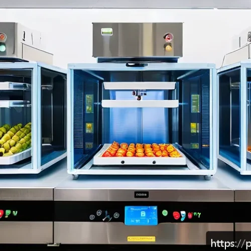 Home 17 건조 식품 제조의 산업 동향과 전망 - A modern food dehydration laboratory showcasing advanced technology: sleek digital freeze-dryers (ly...