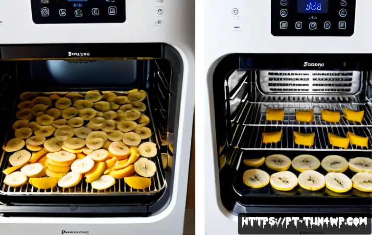 Home 17 식품 건조 방법 비교 에어프라이어 vs 오븐 - Photorealistic side-by-side kitchen comparison of food drying methods: a modern basket air fryer on ...