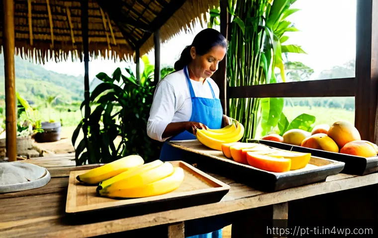 Home 17 자연에서 영감을 받은 건조 식품 제조법 - Photorealistic Brazilian countryside kitchen workshop, freshly sliced mango, banana, pineapple, and ...