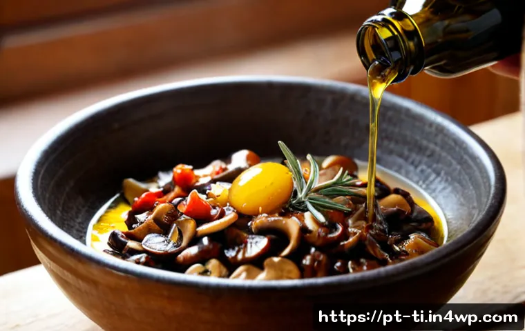 Home 17 건조 식품의 맛과 품질을 높이는 팁 - Photorealistic close-up of a Portuguese home cook enhancing dried mushrooms and sun-dried tomatoes i...